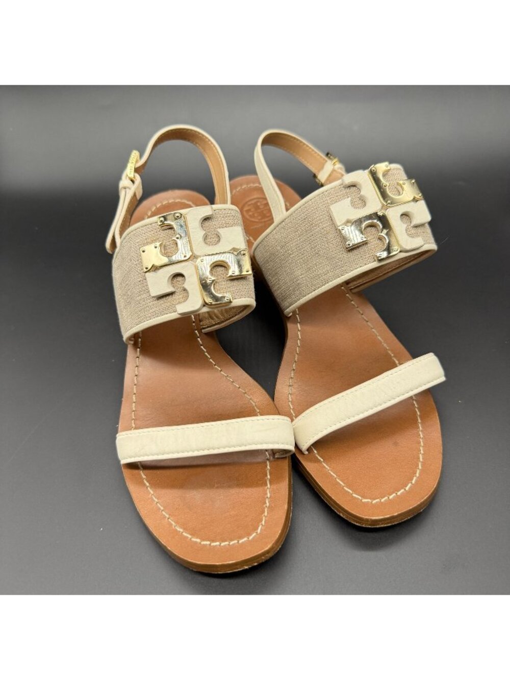 Tory Burch Lowell City Slingback Sandals 8.5M Natural Ivory Leather 2" Heel